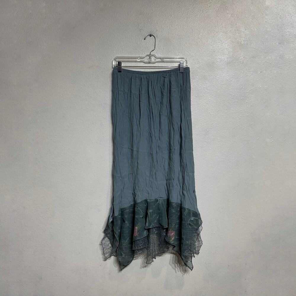 Vintage 90s Blue Sheer Lace Handkerchief Hem Midi Skirt Sz M - Picture 2 of 10